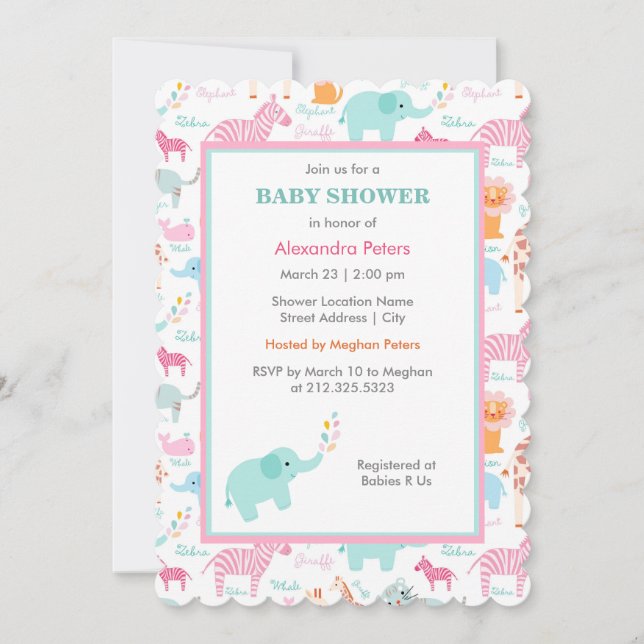 Invitación Rosa y safari animal lindo azul Baby Shower (Anverso)