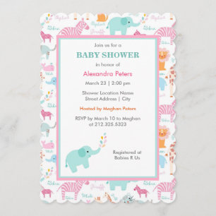 Invitación Rosa y safari animal lindo azul Baby Shower