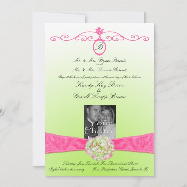 Invitación rosa y verde con monograma y foto (Anverso)