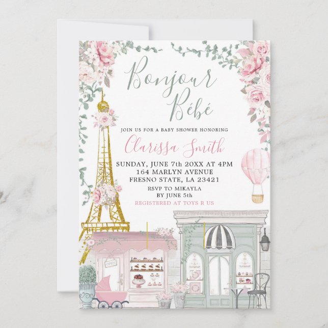 Invitación Rosa y verde Eiffel Bebe francesa Ducha bebé (Anverso)