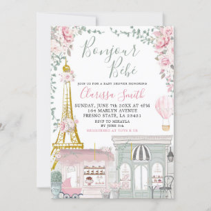 Invitación Rosa y verde Eiffel Bebe francesa Ducha bebé