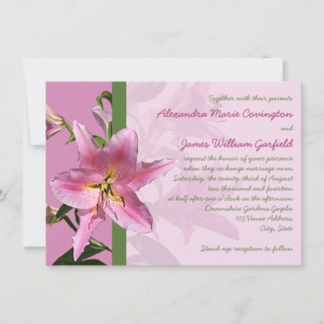 Invitación rosada 3 de la boda del lirio del (Anverso)