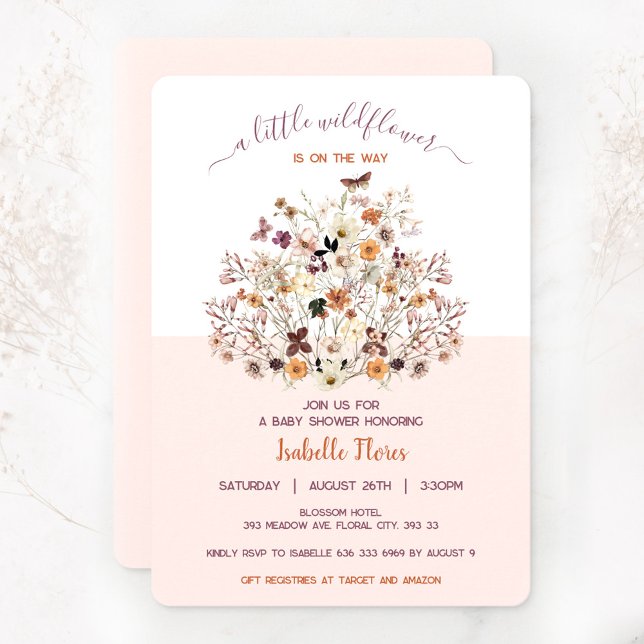 Invitación rosada a Baby Shower del pequeño Chica  (Little wildflower girl baby shower invitation)