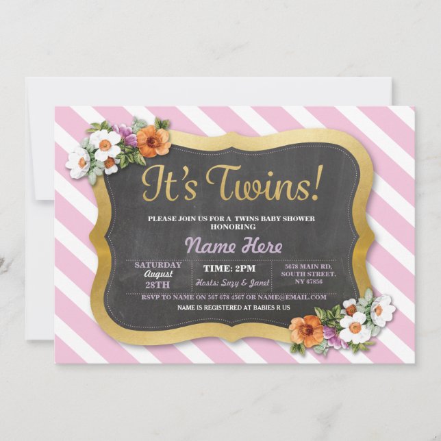 Invitación rosada con franja floral de Chica Twins (Anverso)