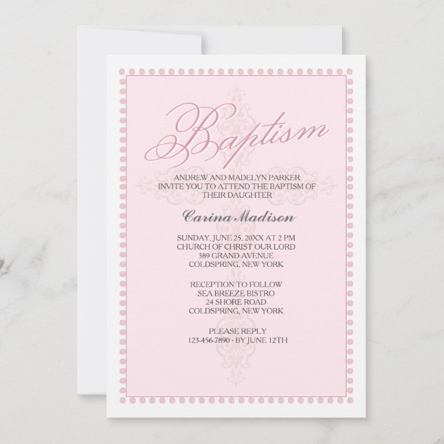 Invitación rosada cruzada del bautismo (Anverso)