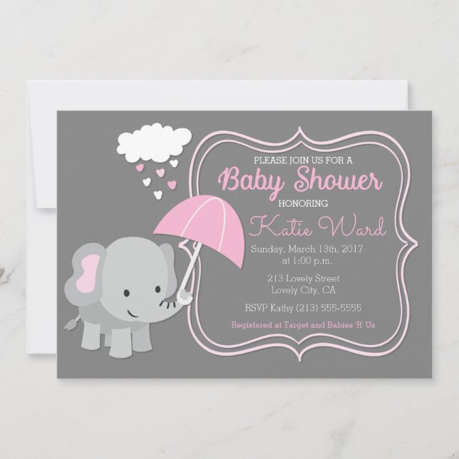 Invitación rosada de Baby Shower Chica elefante be (Anverso)