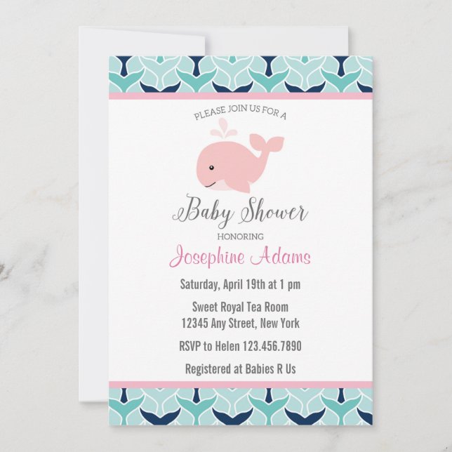 Invitación rosada de Baby Shower de la ballena (Anverso)