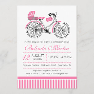 Invitación rosada de Baby Shower de la bicicleta