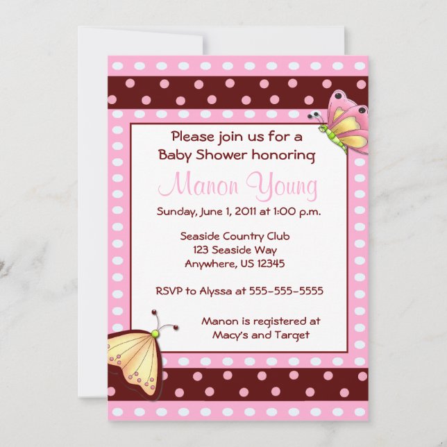 Invitación rosada de Baby Shower de la mariposa (Anverso)