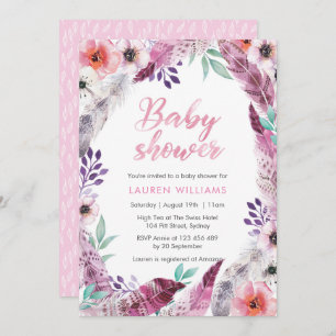 Invitación rosada de Baby Shower de la pluma de