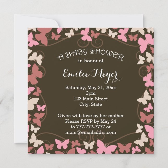Invitación rosada de Baby Shower de las mariposas (Anverso)