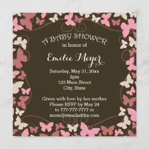 Invitación rosada de Baby Shower de las mariposas
