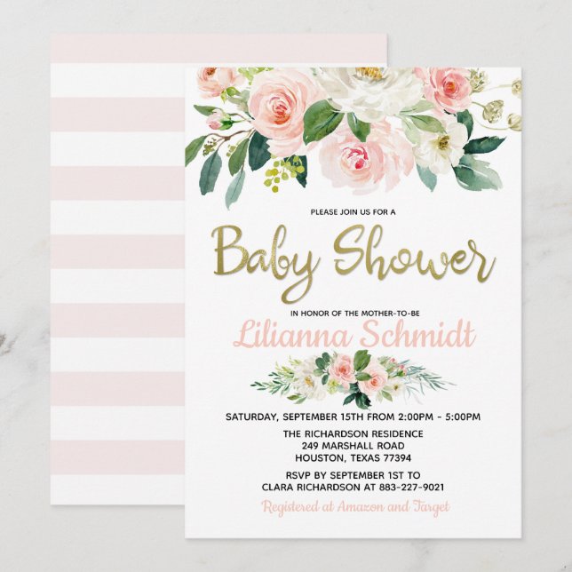 Invitación rosada de Baby Shower de los rosas de (Anverso / Reverso)