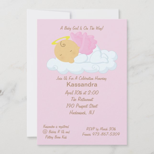 Invitación rosada de Baby Shower del ángel del (Anverso)