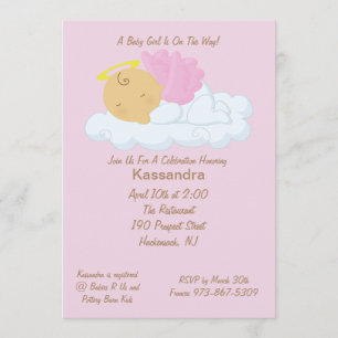 Invitación rosada de Baby Shower del ángel del