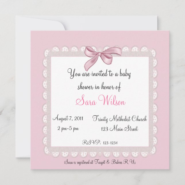Invitación rosada de Baby Shower del arco (Anverso)