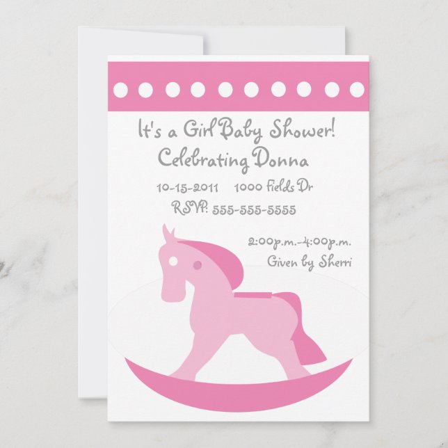 Invitación rosada de Baby Shower del caballo (Anverso)