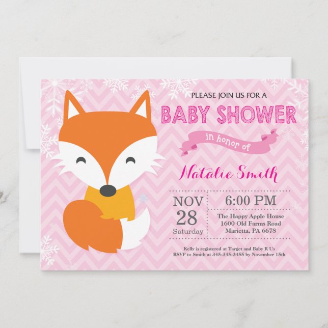 Invitación rosada de Baby Shower del chica del Fox (Anverso)