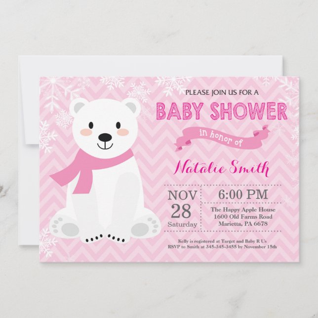 Invitación rosada de Baby Shower del chica del oso (Anverso)