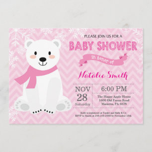 Invitación rosada de Baby Shower del chica del oso