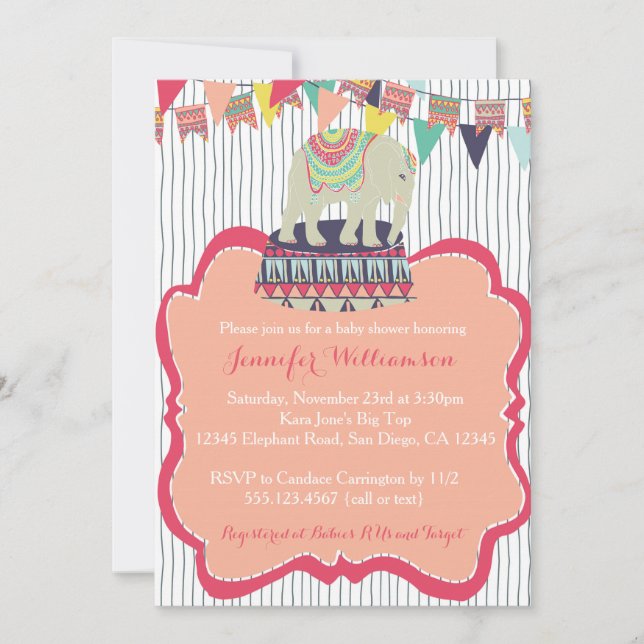Invitación rosada de Baby Shower del circo del (Anverso)