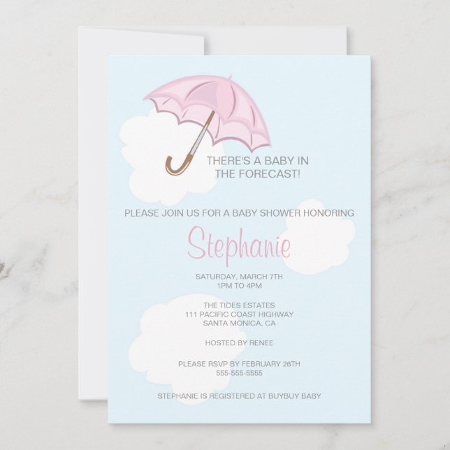 Invitación rosada de Baby Shower del paraguas (Anverso)