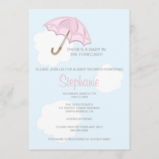 Invitación rosada de Baby Shower del paraguas