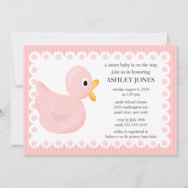 Invitación rosada de Baby Shower del pato (Anverso)