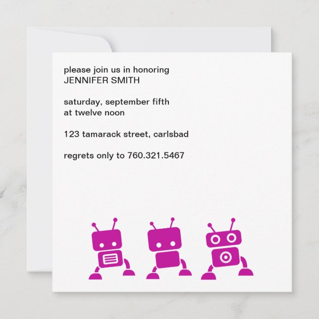 Invitación rosada de Baby Shower del robot (Anverso)