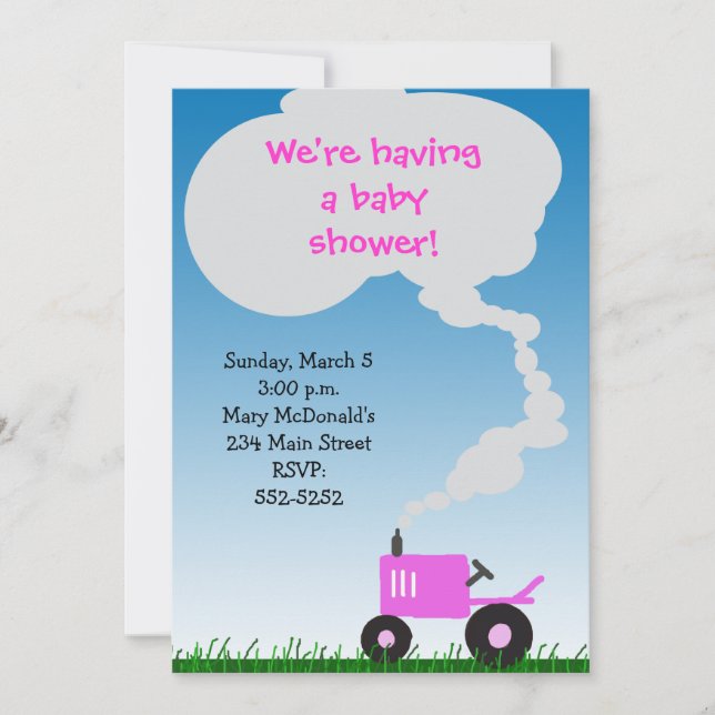 Invitación rosada de Baby Shower del tractor (Anverso)