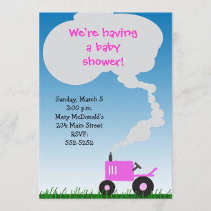 Invitación rosada de Baby Shower del tractor