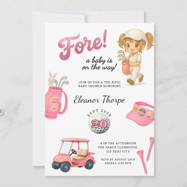 Invitación rosada de Baby Shower para el golf rosa (Anverso)