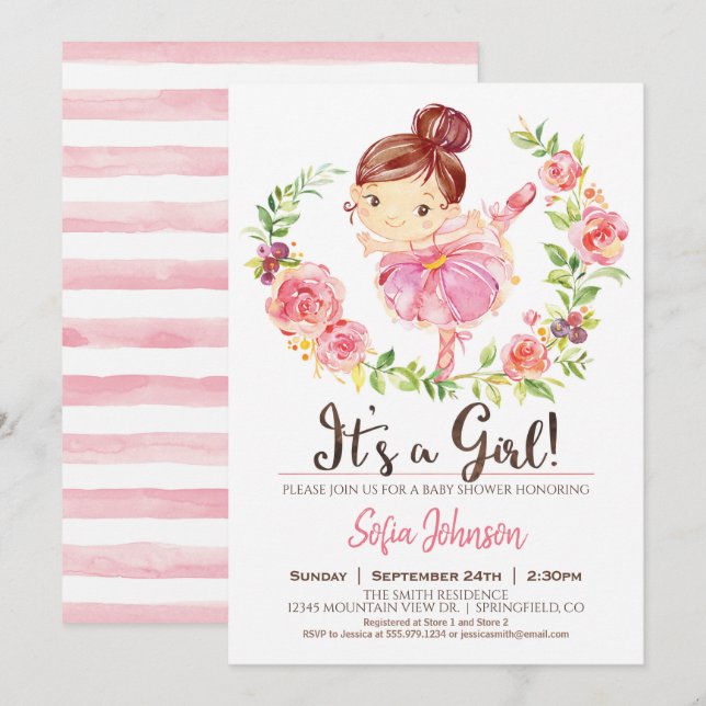 Invitación rosada de Ballerina Baby Shower Chica (Anverso / Reverso)