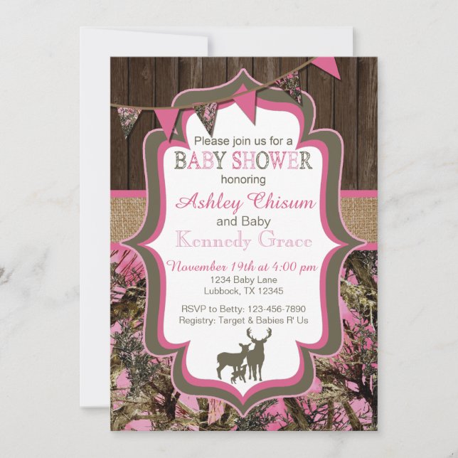 Invitación rosada de Camo Baby Shower (Anverso)