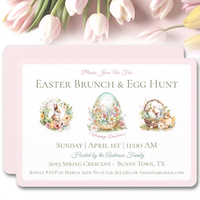 Invitación rosada de caza de huevos de brunch vint (Vintage Easter Brunch Egg Hunt Pink Invitation)