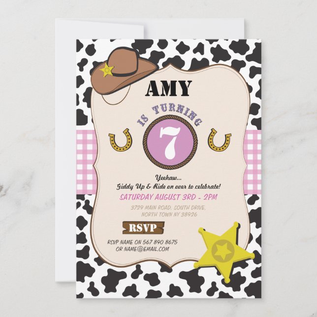 Invitación rosada de Chica de vaca de la fiesta de (Anverso)