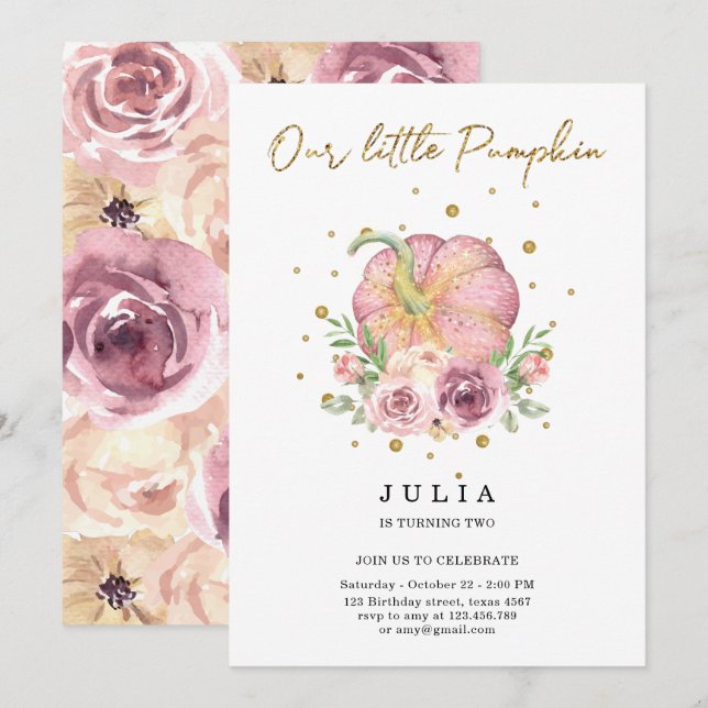 Invitación rosada de cumpleaños de nuestra calabaz (Anverso / Reverso)