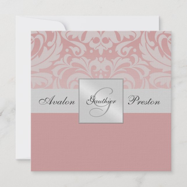 Invitación rosada de Damasco blanco monogramo plat (Anverso)