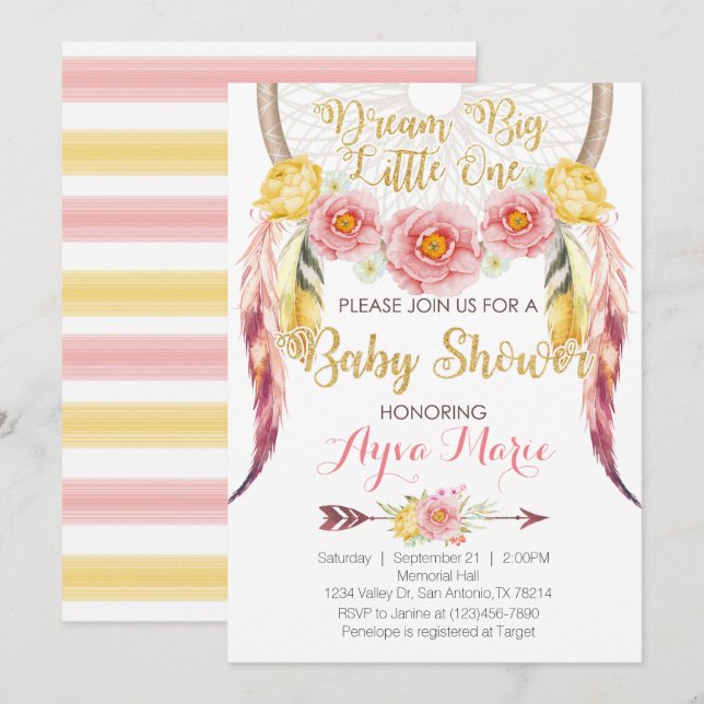 Invitación rosada de Dreamcatcher Baby Shower del (Anverso / Reverso)