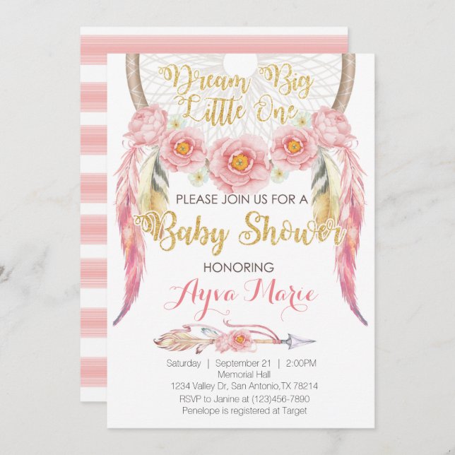 Invitación rosada de Dreamcatcher Baby Shower del (Anverso / Reverso)