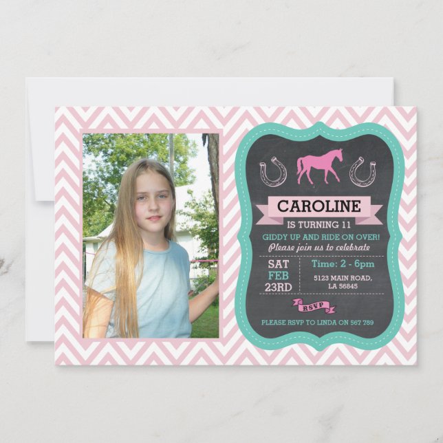 Invitación rosada de fotos de equitación Pony (Anverso)