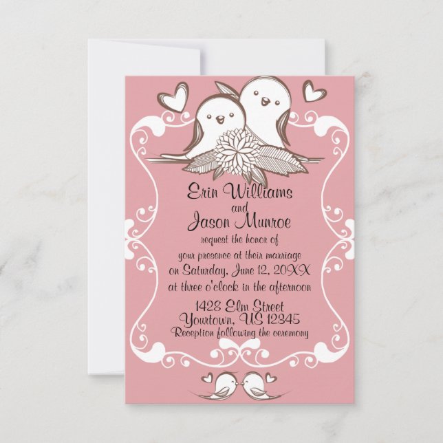 Invitación rosada de la boda de los Lovebirds (Anverso)