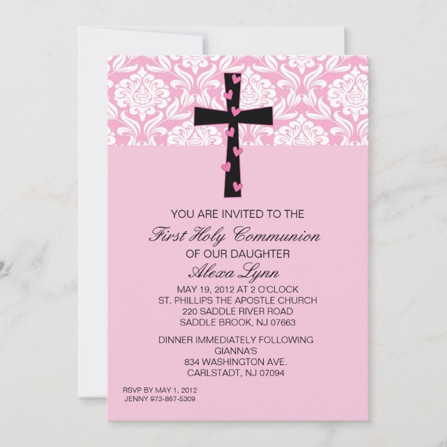 Invitación rosada de la comunión de los chicas del (Anverso)