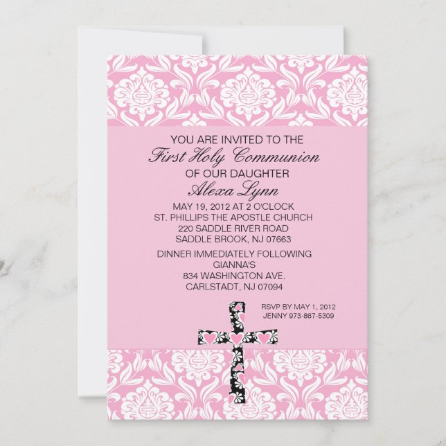 Invitación rosada de la comunión de los chicas del (Anverso)