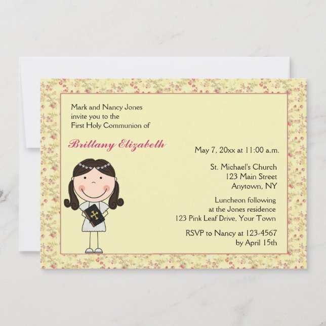 Invitación rosada de la comunión del chica del (Anverso)