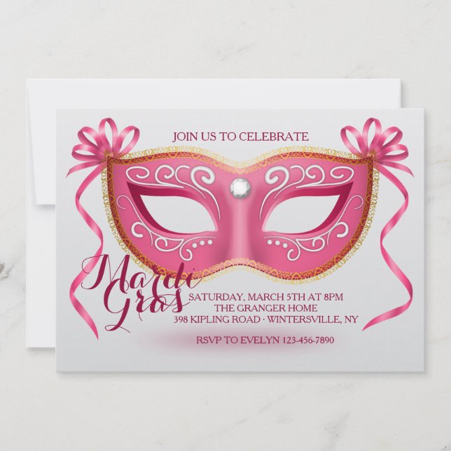 Invitación rosada de la máscara del carnaval (Anverso)