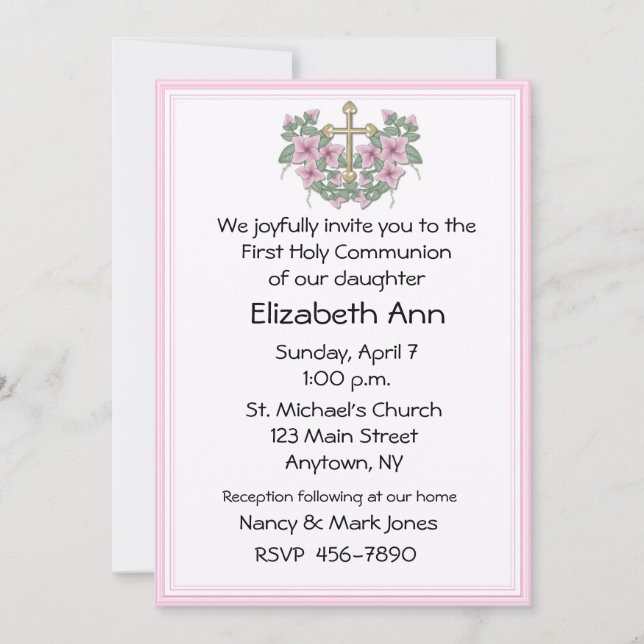 Invitación rosada de la primera comunión (Anverso)