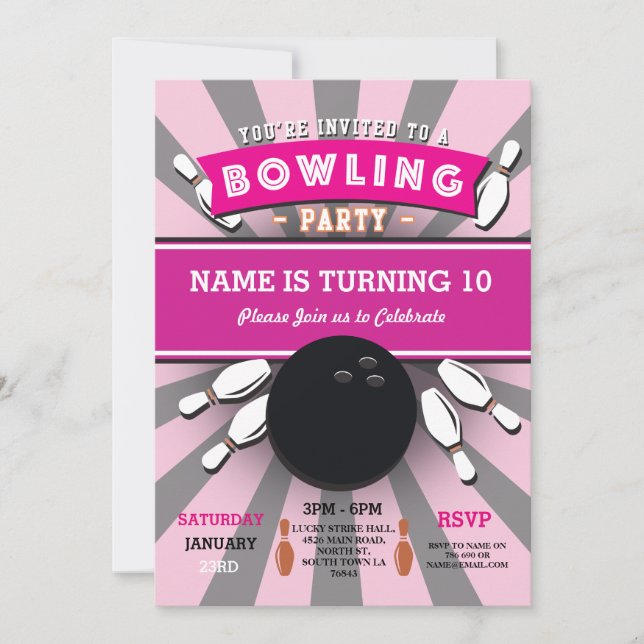 Invitación rosada de los Chicas Tenpin de la fiest (Anverso)