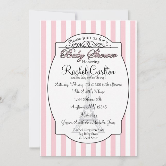 Invitación rosada de París Baby Shower (Anverso)