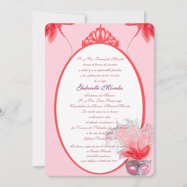 Invitación rosada de Quinceanera de la máscara (Anverso)